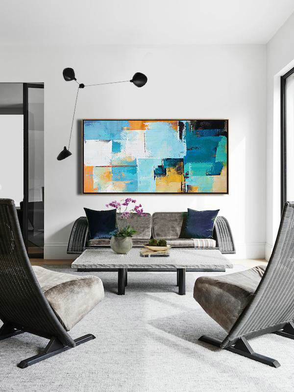 Original Extra Large Wall Art,Horizontal Palette Knife Contemporary Art Panoramic Canvas Painting,Abstract Painting Modern Art,White,Blue,Yellow,Orange.etc